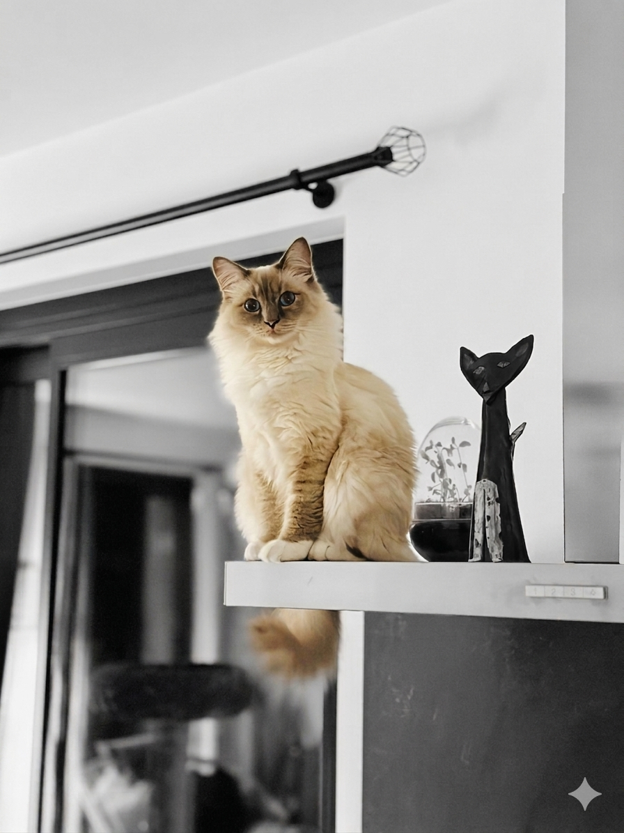 Yuzu, chat sacré de Birmanie, perché en hauteur.